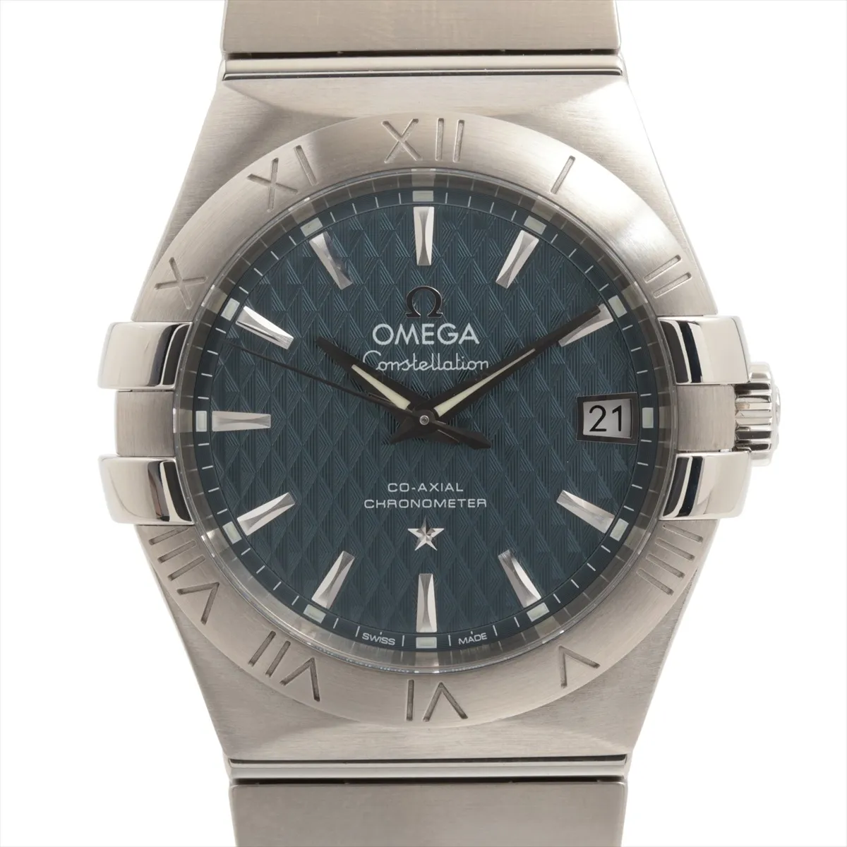 Stainless steel wristwatch with blue dial, baton markers and a steel bracelet.