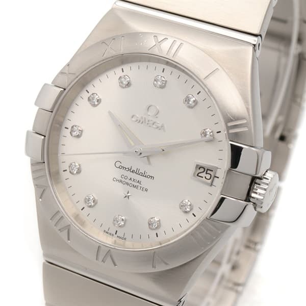 Silver-tone steel wristwatch with diamond-set dial and integrated bracelet.