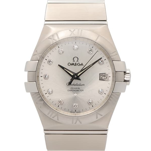 Silver-tone steel wristwatch with diamond-set dial and integrated bracelet.
