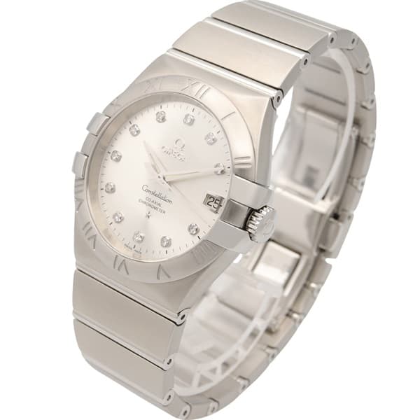 Silver-tone steel wristwatch with diamond-set dial and integrated bracelet.
