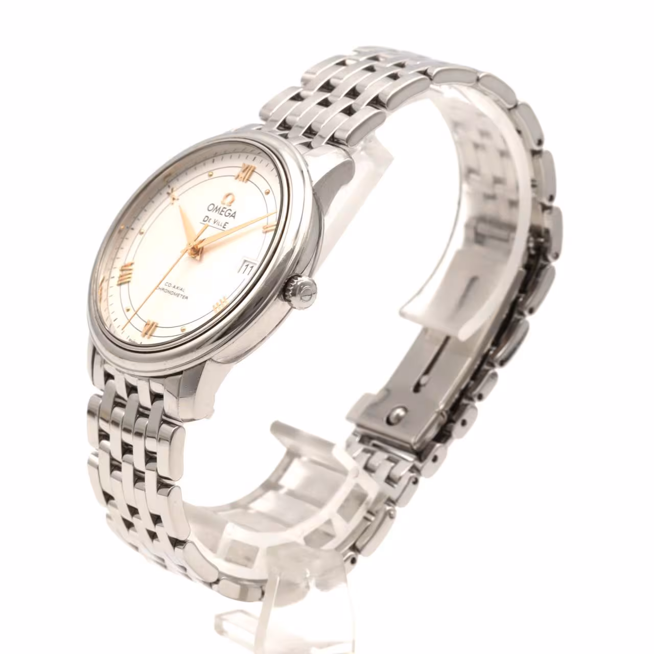 Dress wristwatch with a round case, slim bezel and stainless steel bracelet.