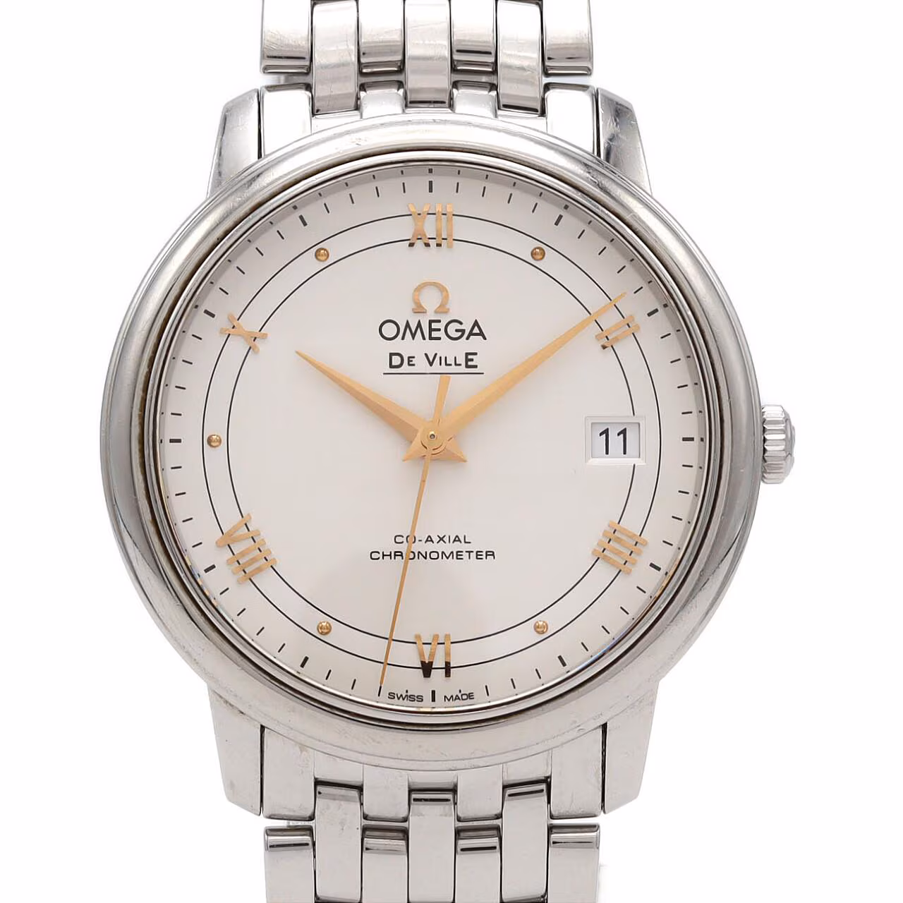 Dress wristwatch with a round case, slim bezel and stainless steel bracelet.