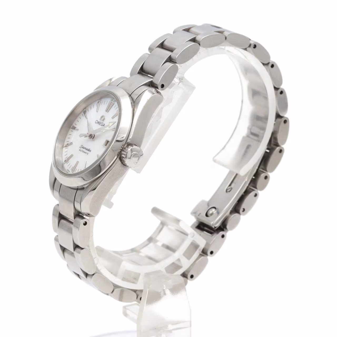 Stainless steel wristwatch with a bracelet and round dial, shown face on.