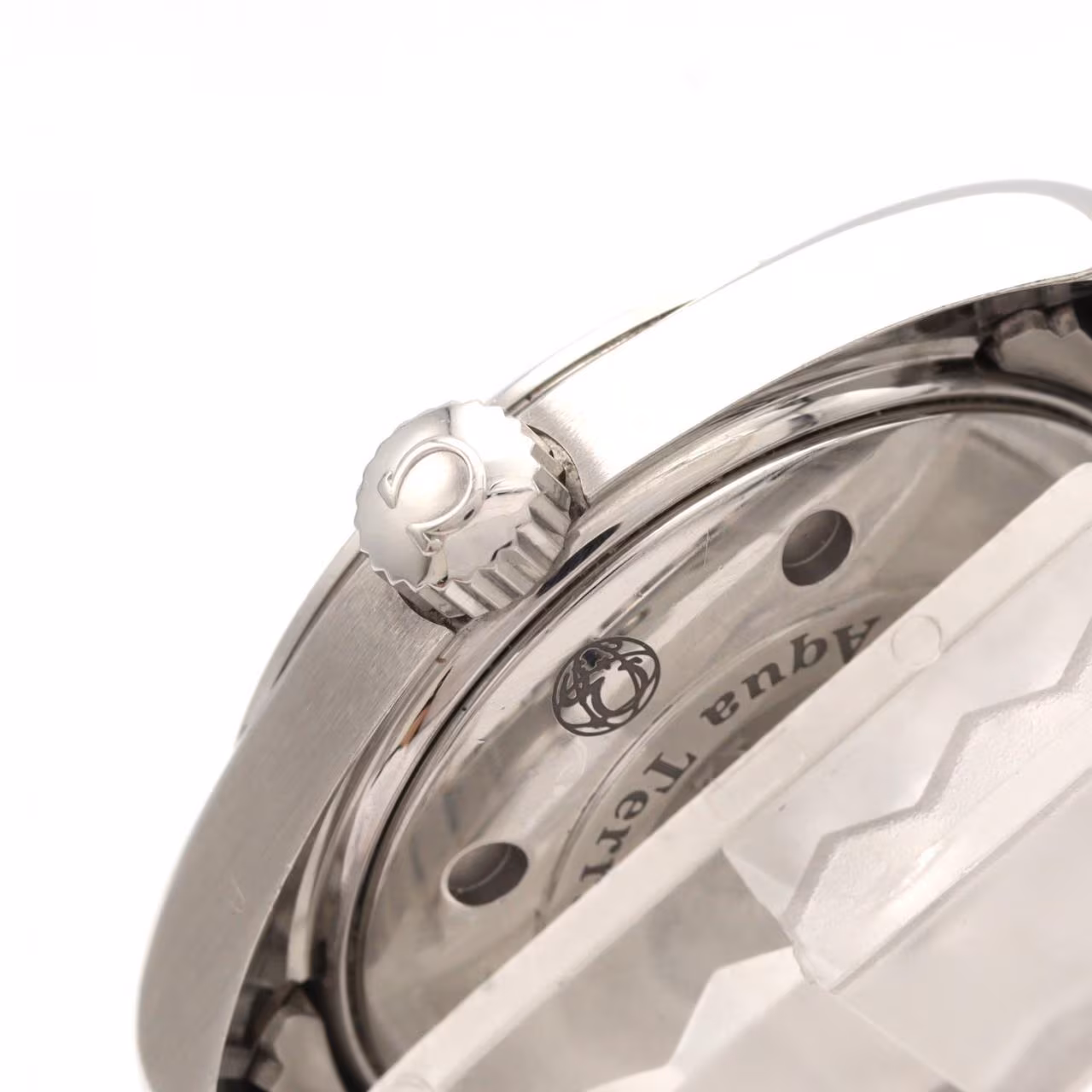 Stainless steel wristwatch with a bracelet and round dial, shown face on.
