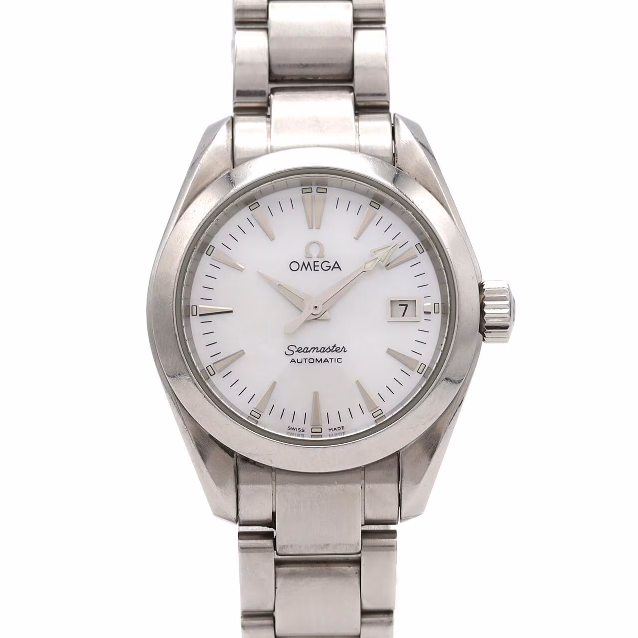 Stainless steel wristwatch with a bracelet and round dial, shown face on.