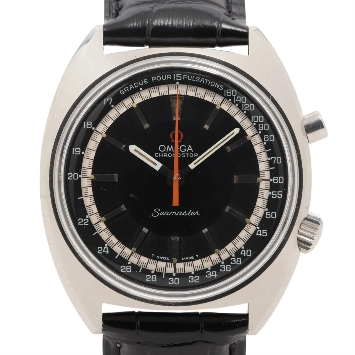 Vintage round steel chronograph with a black dial and dark leather strap.