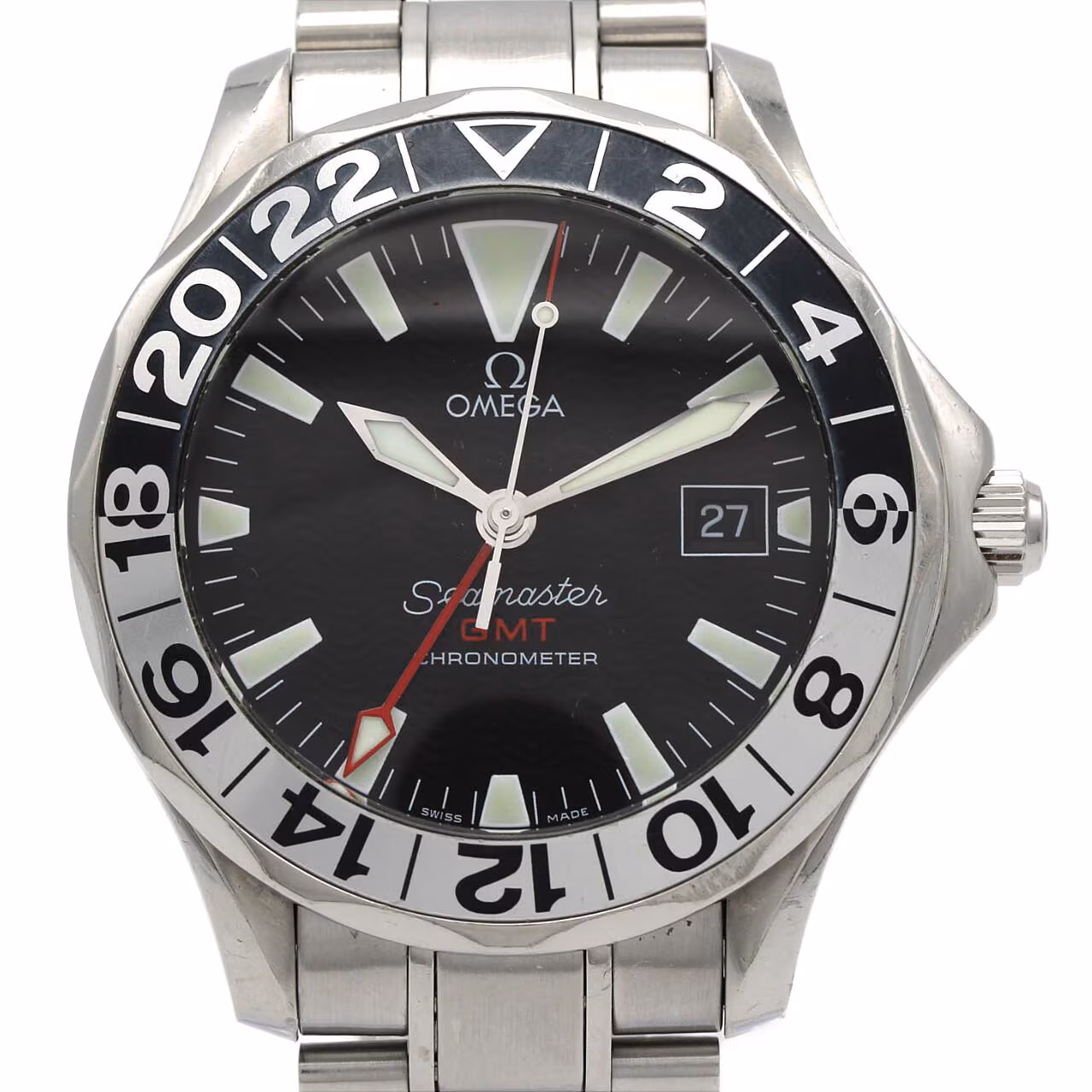 Steel diver-style wristwatch with a dark bezel and dial on a steel bracelet.