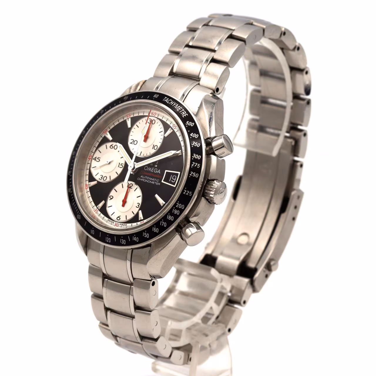 Steel chronograph wristwatch with black dial, subdials and steel bracelet