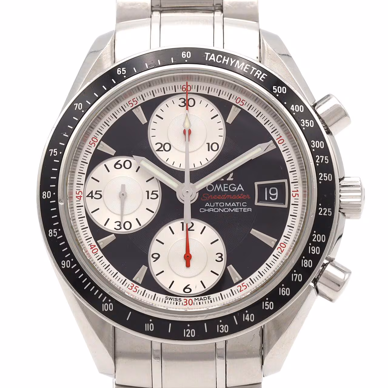 Steel chronograph wristwatch with black dial, subdials and steel bracelet