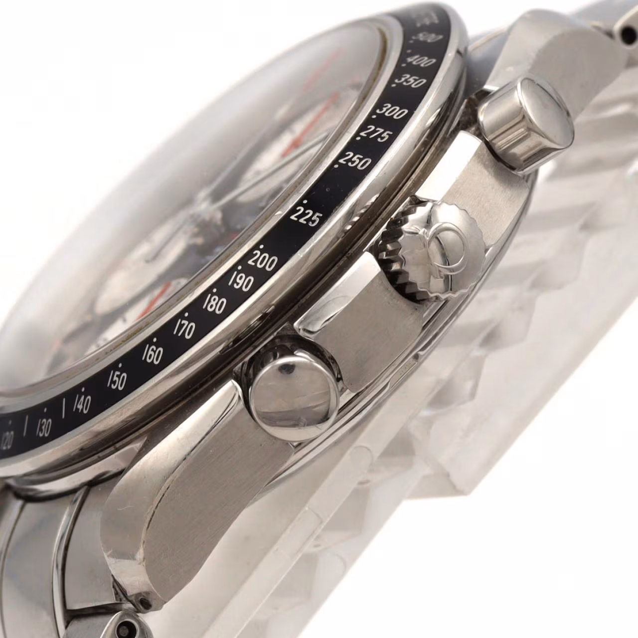 Steel chronograph wristwatch with black dial, subdials and steel bracelet