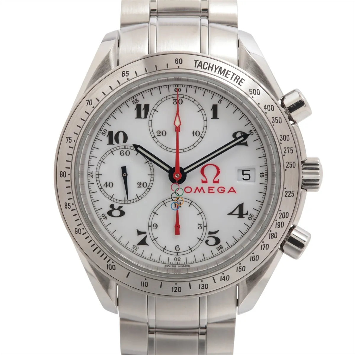White chronograph dial with subdials in a polished steel case and matching bracelet