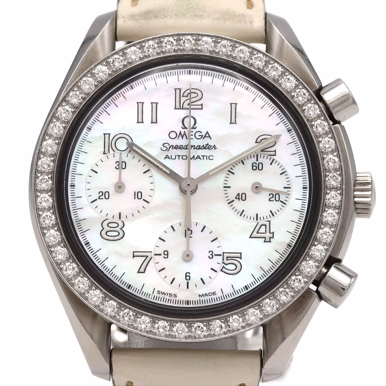 Stainless steel chronograph wristwatch with black dial, sub-dials and steel bracelet.