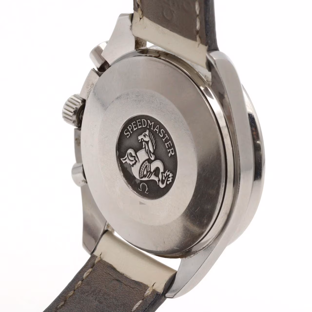 Stainless steel chronograph wristwatch with black dial, sub-dials and steel bracelet.