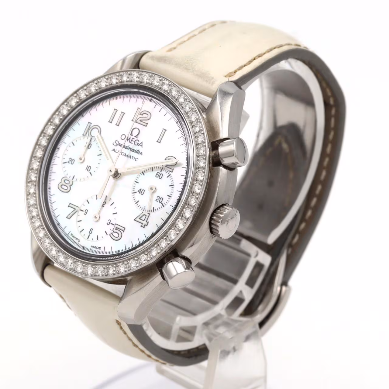 Stainless steel chronograph wristwatch with black dial, sub-dials and steel bracelet.