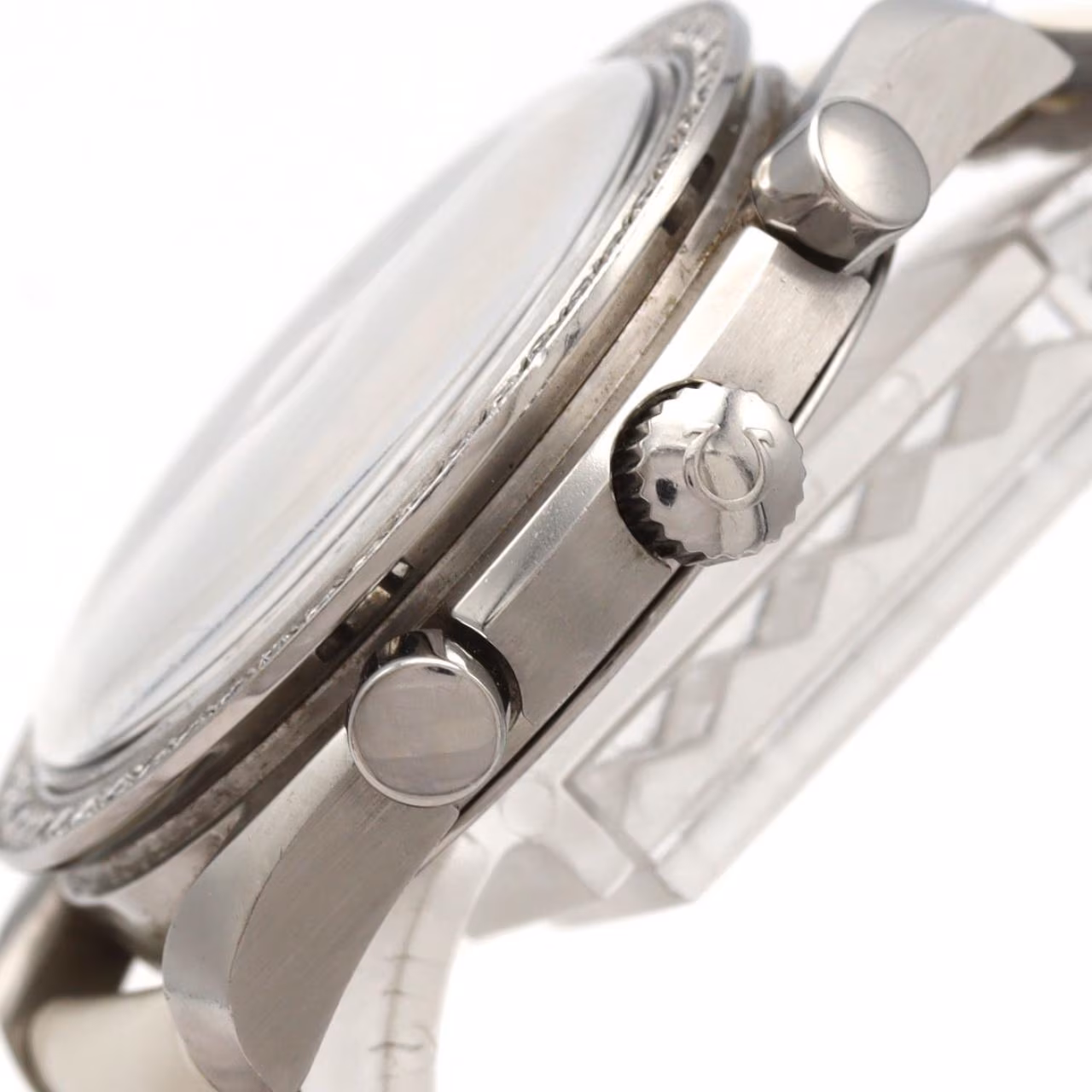 Stainless steel chronograph wristwatch with black dial, sub-dials and steel bracelet.