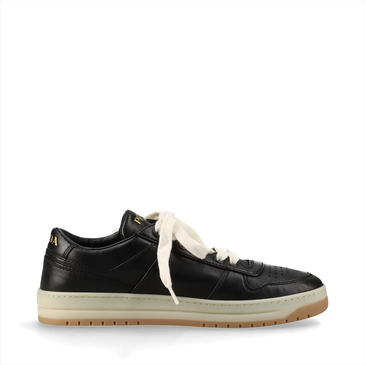 Black leather low-top sneakers with a metal triangle plaque on the side.