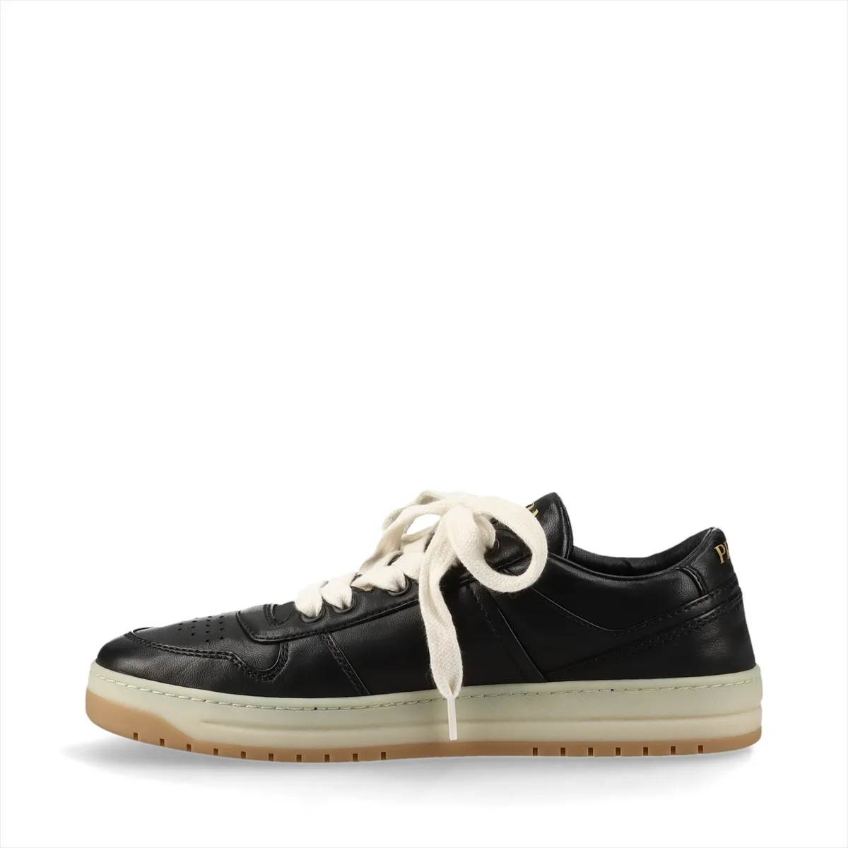 Black leather low-top sneakers with a metal triangle plaque on the side.