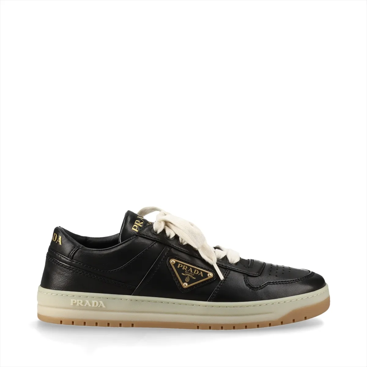 Black leather low-top sneakers with a metal triangle plaque on the side.