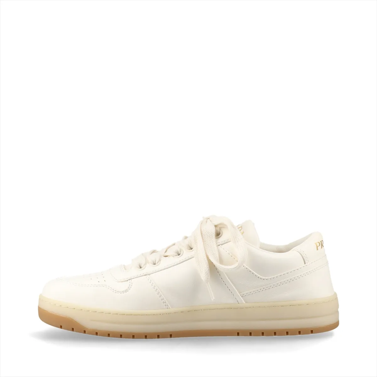 Ivory leather low-top trainers with a metal triangle plaque on the side.