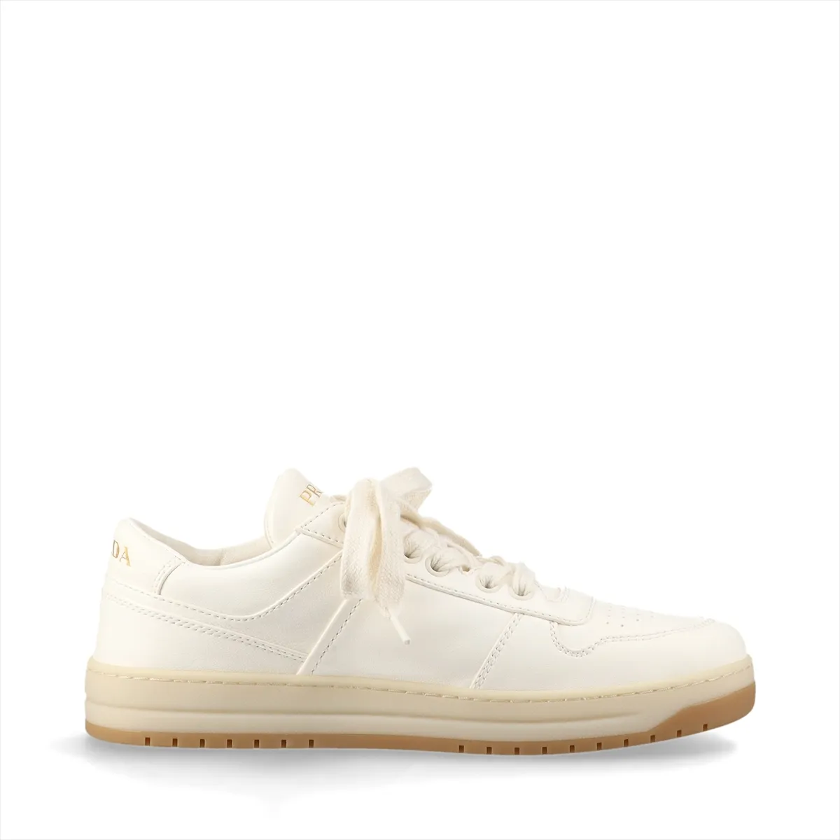 Ivory leather low-top trainers with a metal triangle plaque on the side.