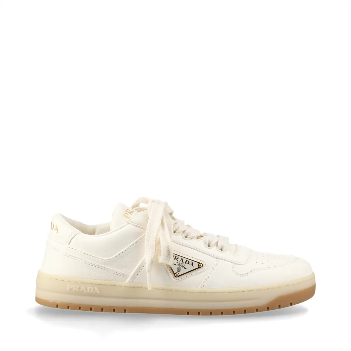 Ivory leather low-top trainers with a metal triangle plaque on the side.