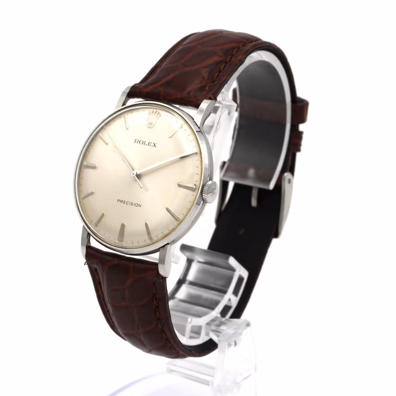 Stainless steel wristwatch with a plain dial and slim baton hands.