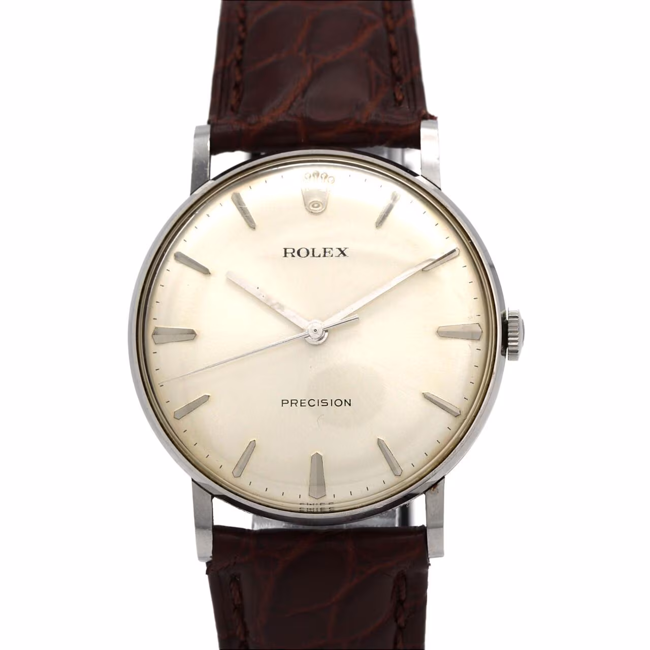 Stainless steel wristwatch with a plain dial and slim baton hands.