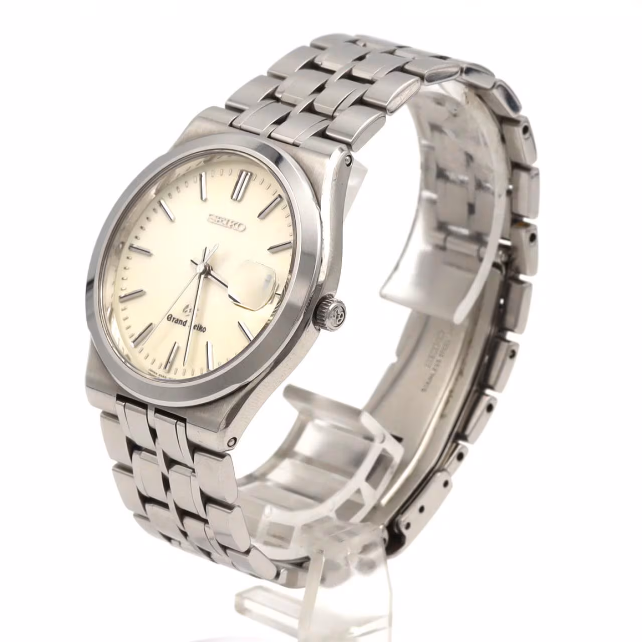Stainless steel wristwatch with a plain dial, slim hands and steel bracelet.
