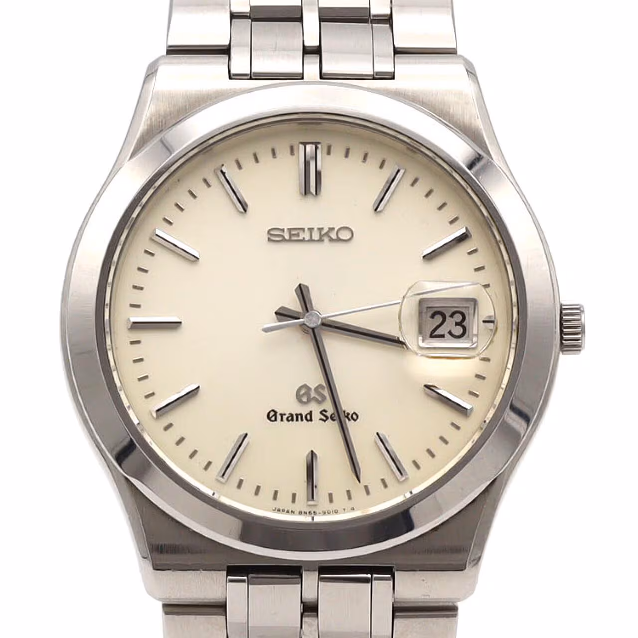 Stainless steel wristwatch with a plain dial, slim hands and steel bracelet.