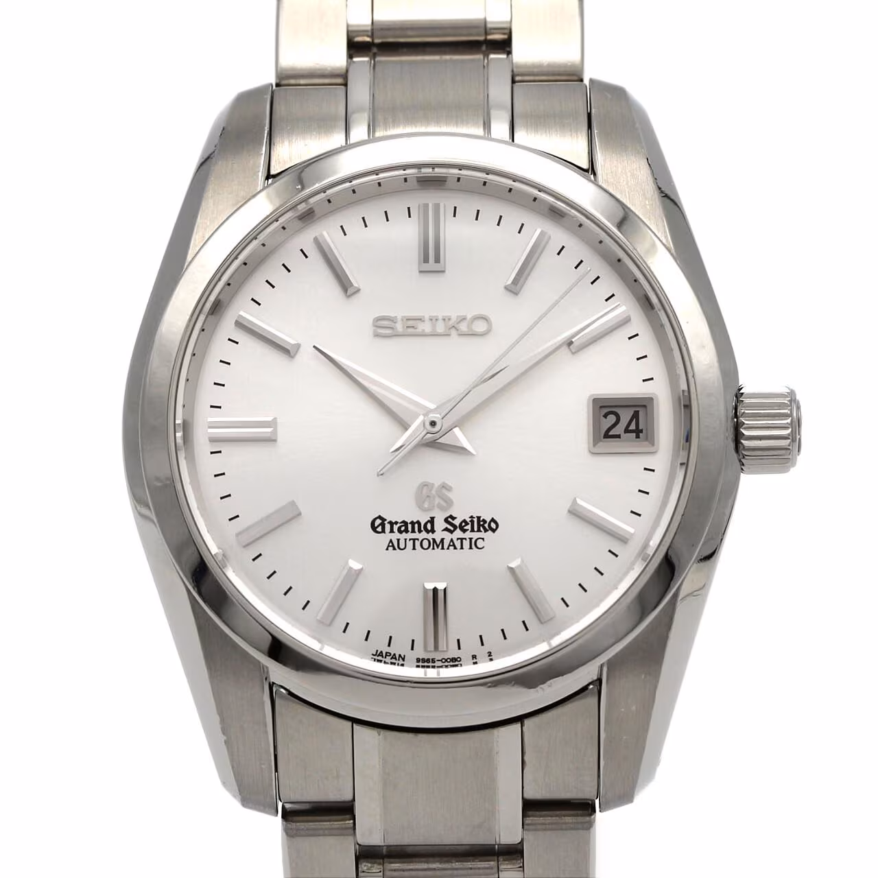 Stainless steel wristwatch with a light dial, baton hands and a matching bracelet.