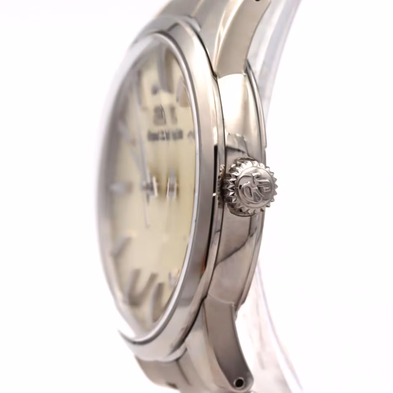 Stainless steel quartz wristwatch with a pale dial, slim baton markers and polished case.