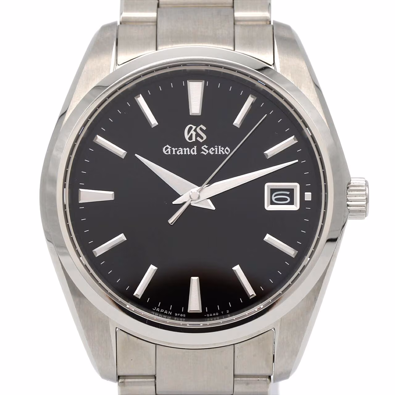 Stainless steel wristwatch with a light dial, baton markers and a matching steel bracelet.