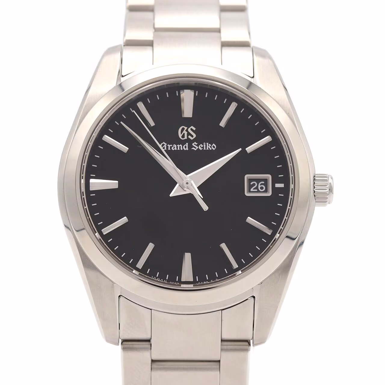 Stainless steel wristwatch with a white dial, applied markers and steel bracelet.