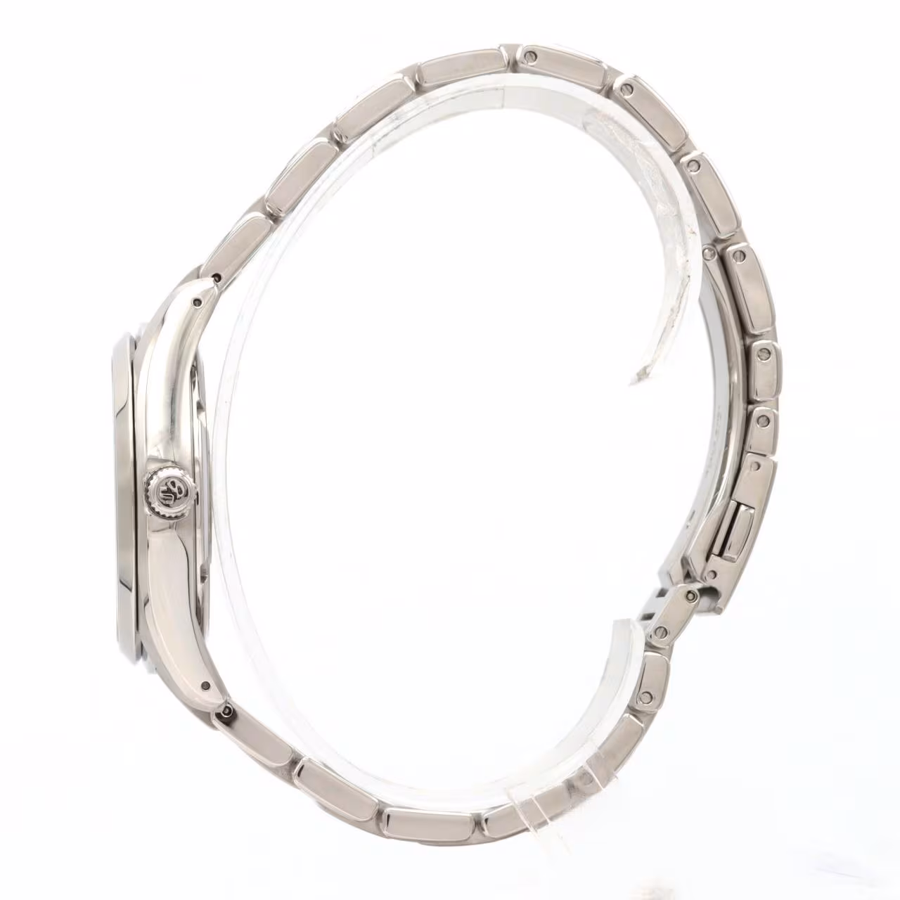 Stainless steel wristwatch with a white dial, applied markers and steel bracelet.