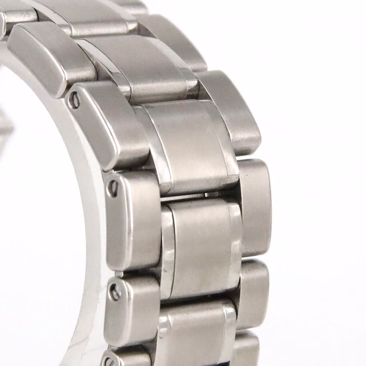Round polished steel watch on a matching steel bracelet with a light dial and date window.