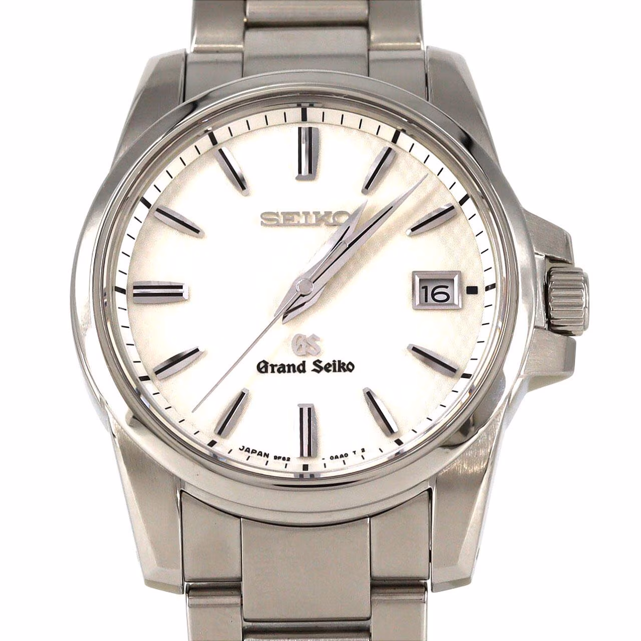 Stainless steel wristwatch with polished case, simple dial and steel bracelet.