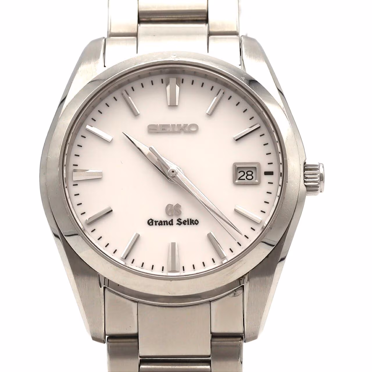 Stainless steel wristwatch with a light dial and integrated steel bracelet.
