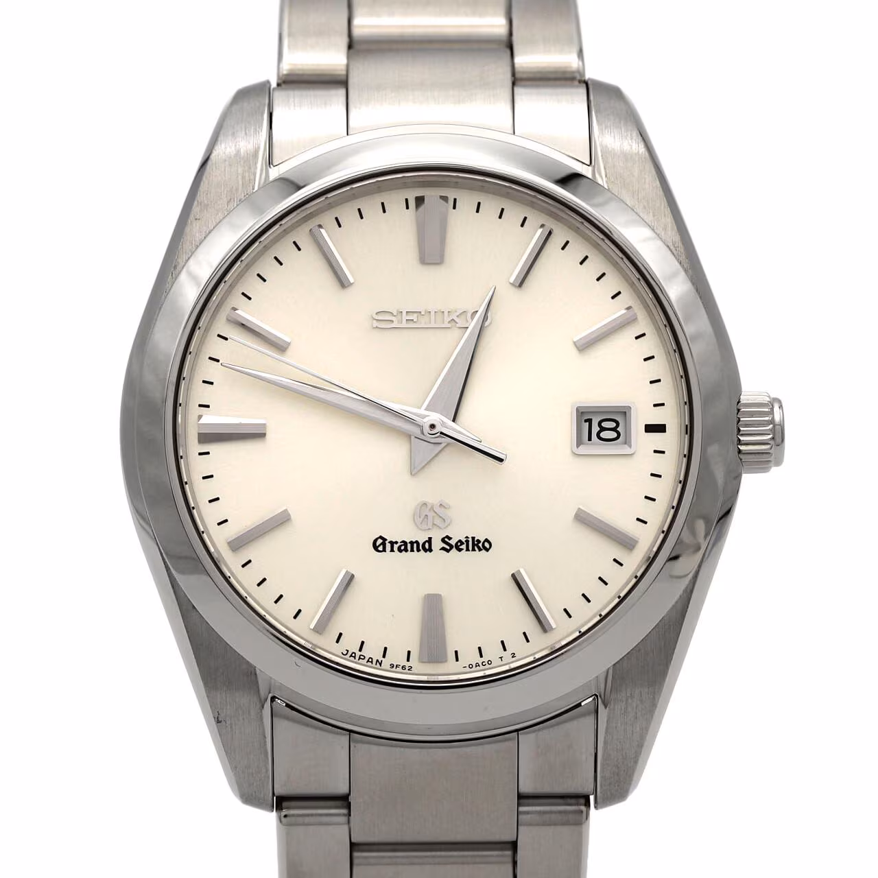Stainless steel wristwatch with a silver dial, date aperture and a polished steel bracelet.