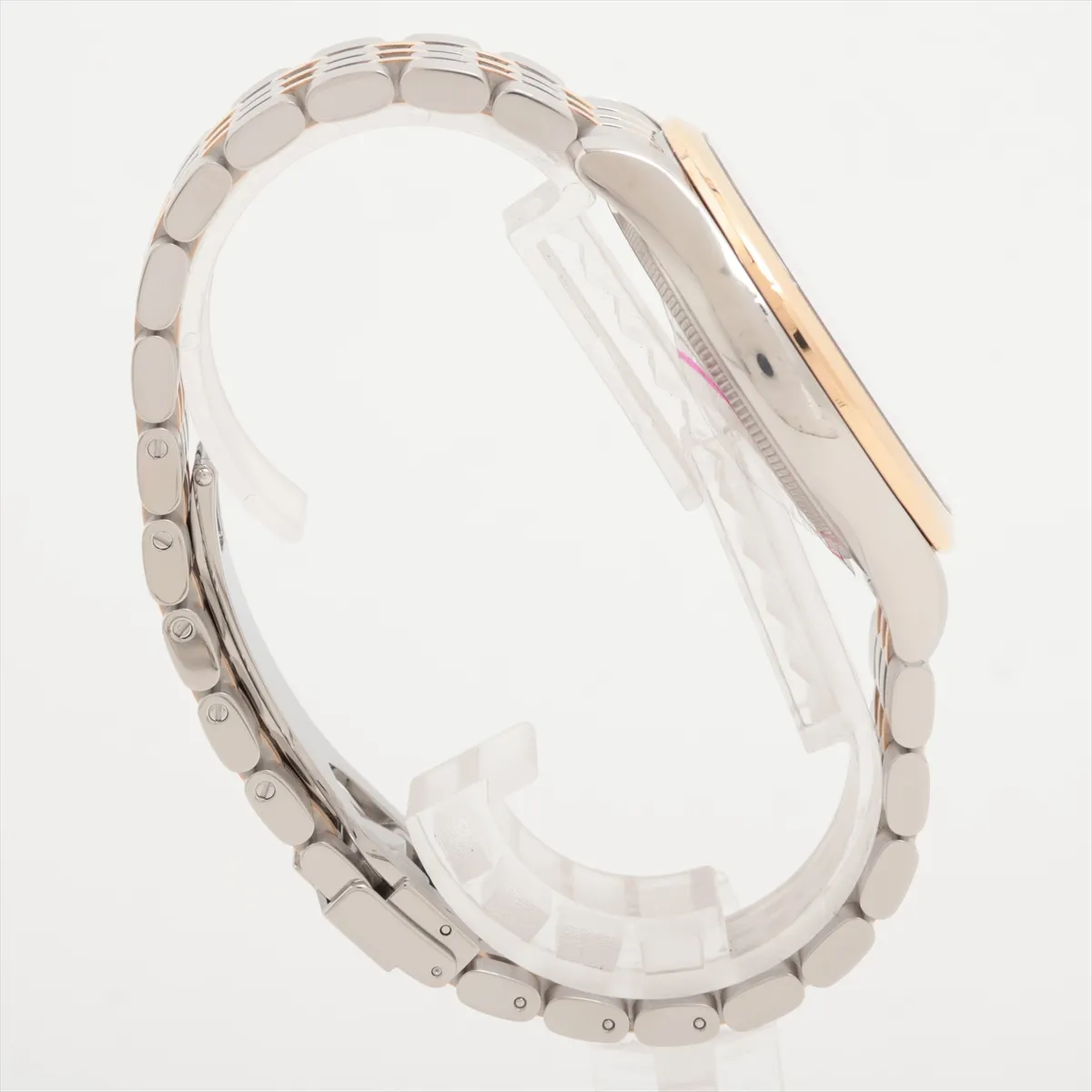 Two-tone rose gold and steel watch with a white dial and matching bracelet.