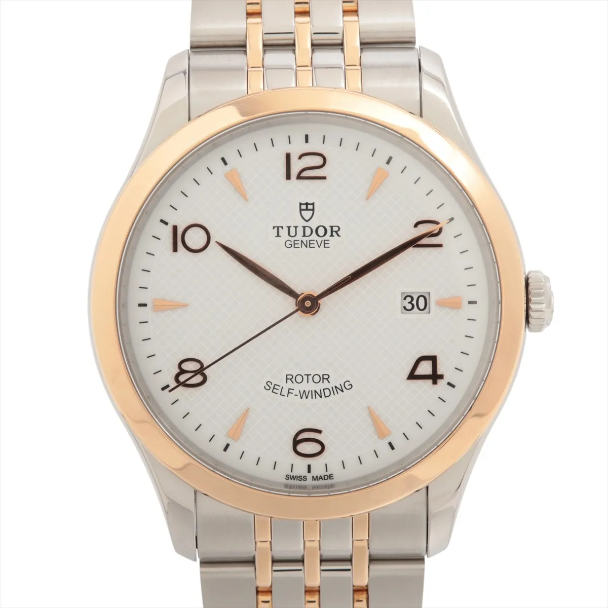 Two-tone rose gold and steel watch with a white dial and matching bracelet.