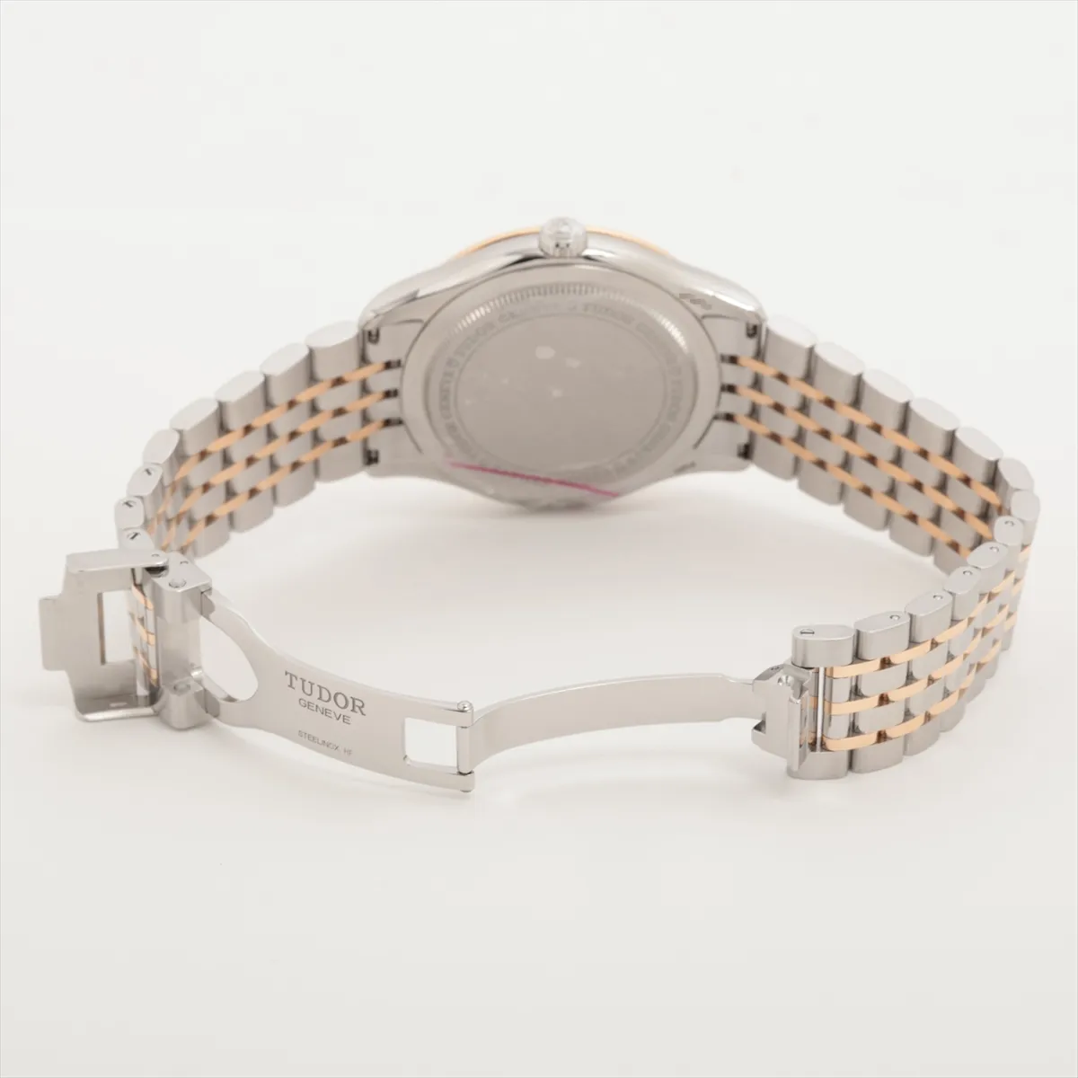 Two-tone rose gold and steel watch with a white dial and matching bracelet.