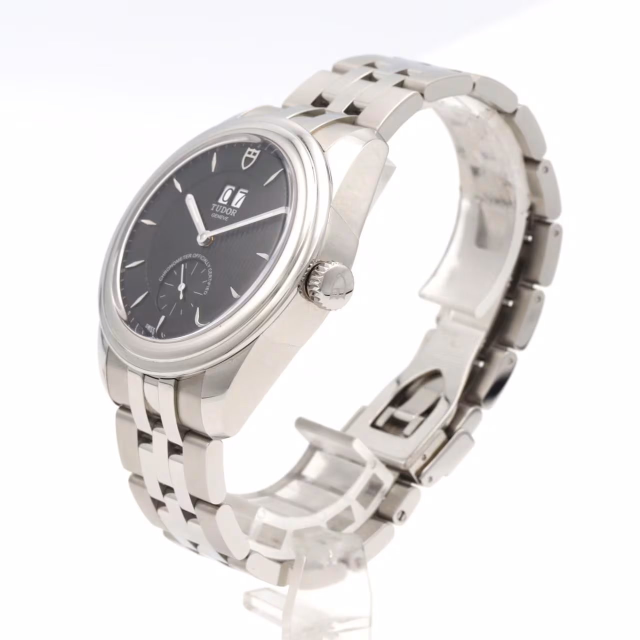 Steel watch with day and date apertures on the dial and a matching steel bracelet.