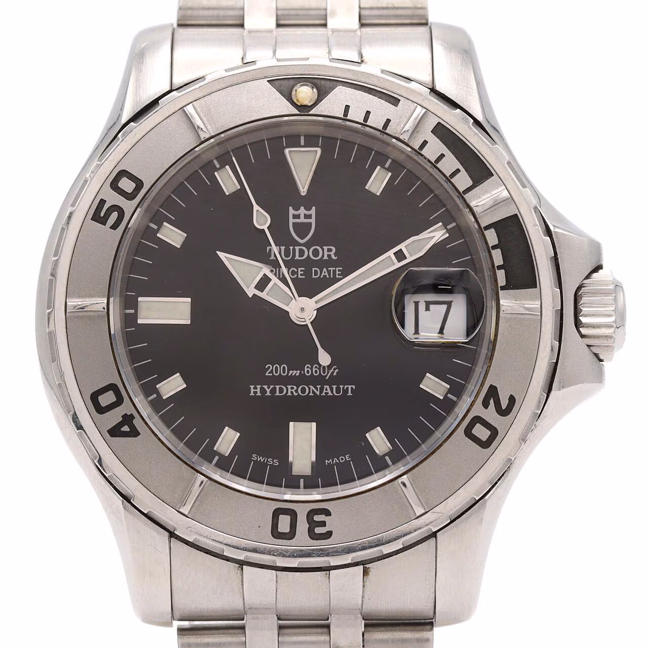 Stainless steel diver-style wristwatch with blue dial and bezel on a steel bracelet.
