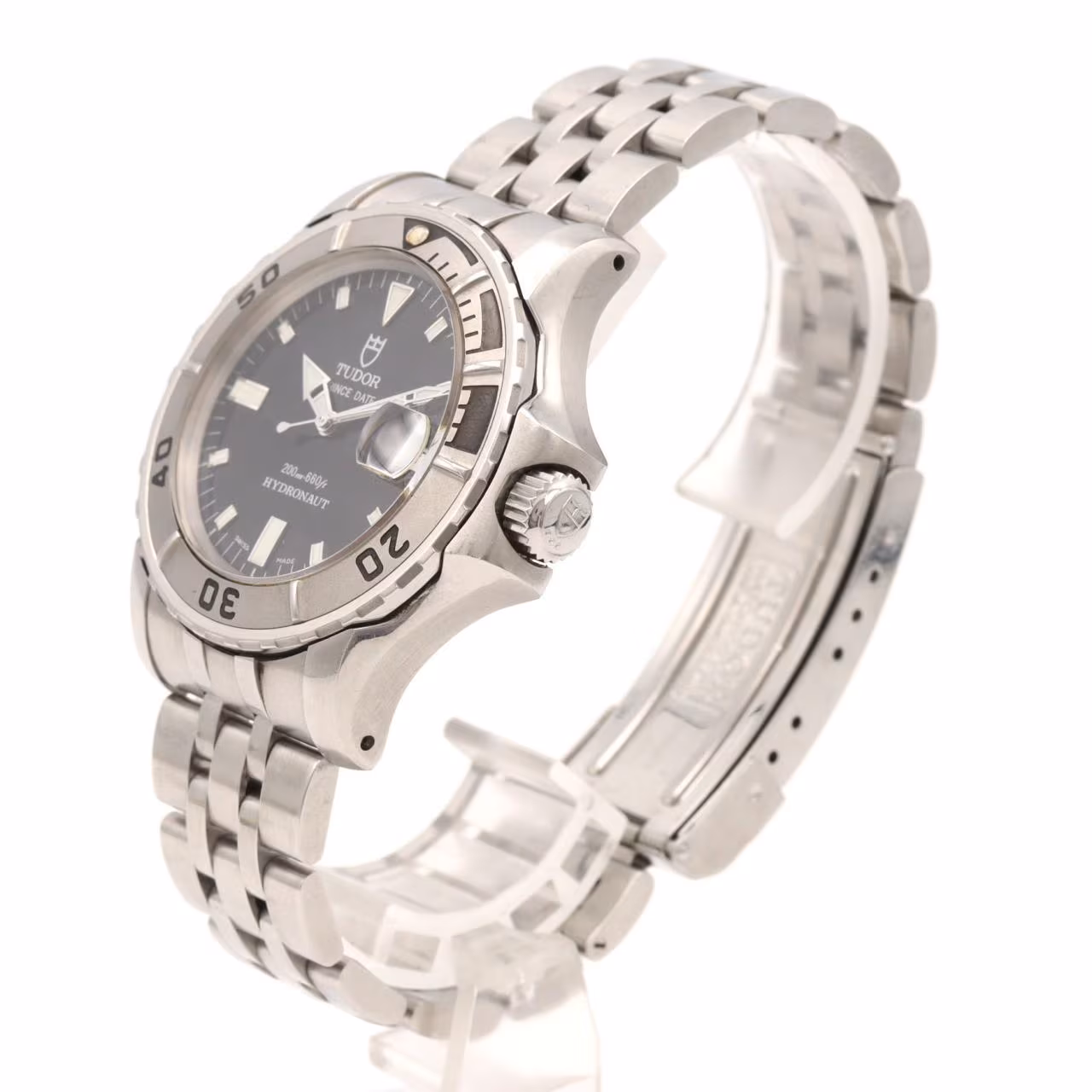 Stainless steel diver-style wristwatch with blue dial and bezel on a steel bracelet.