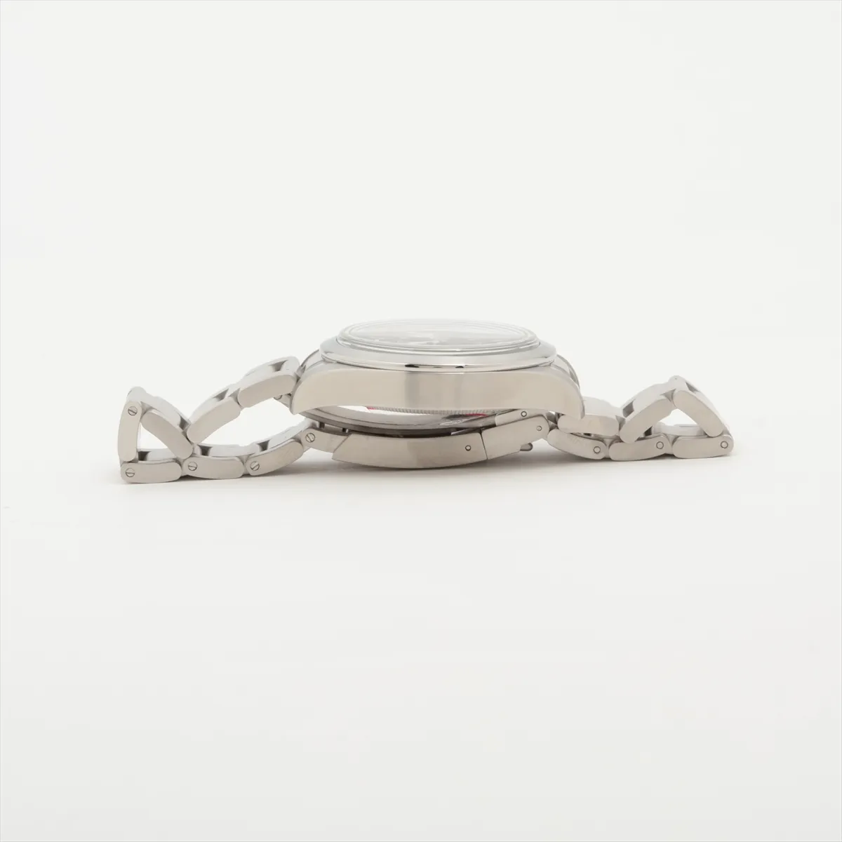 Steel automatic watch with a black dial, luminous numerals and central seconds hand.