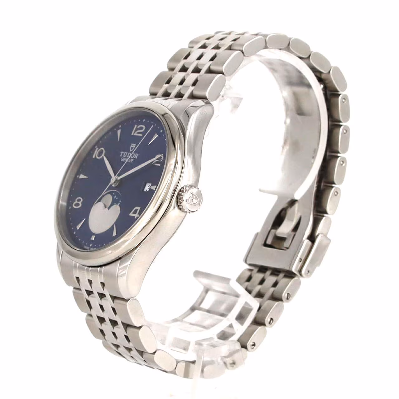 Steel bracelet watch with a round polished case and light dial.