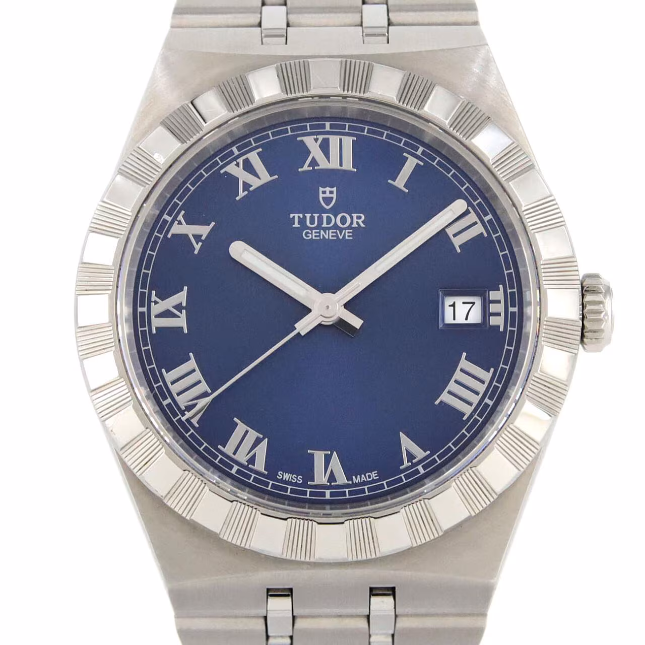 Stainless steel automatic wristwatch with an integrated bracelet and fluted bezel.