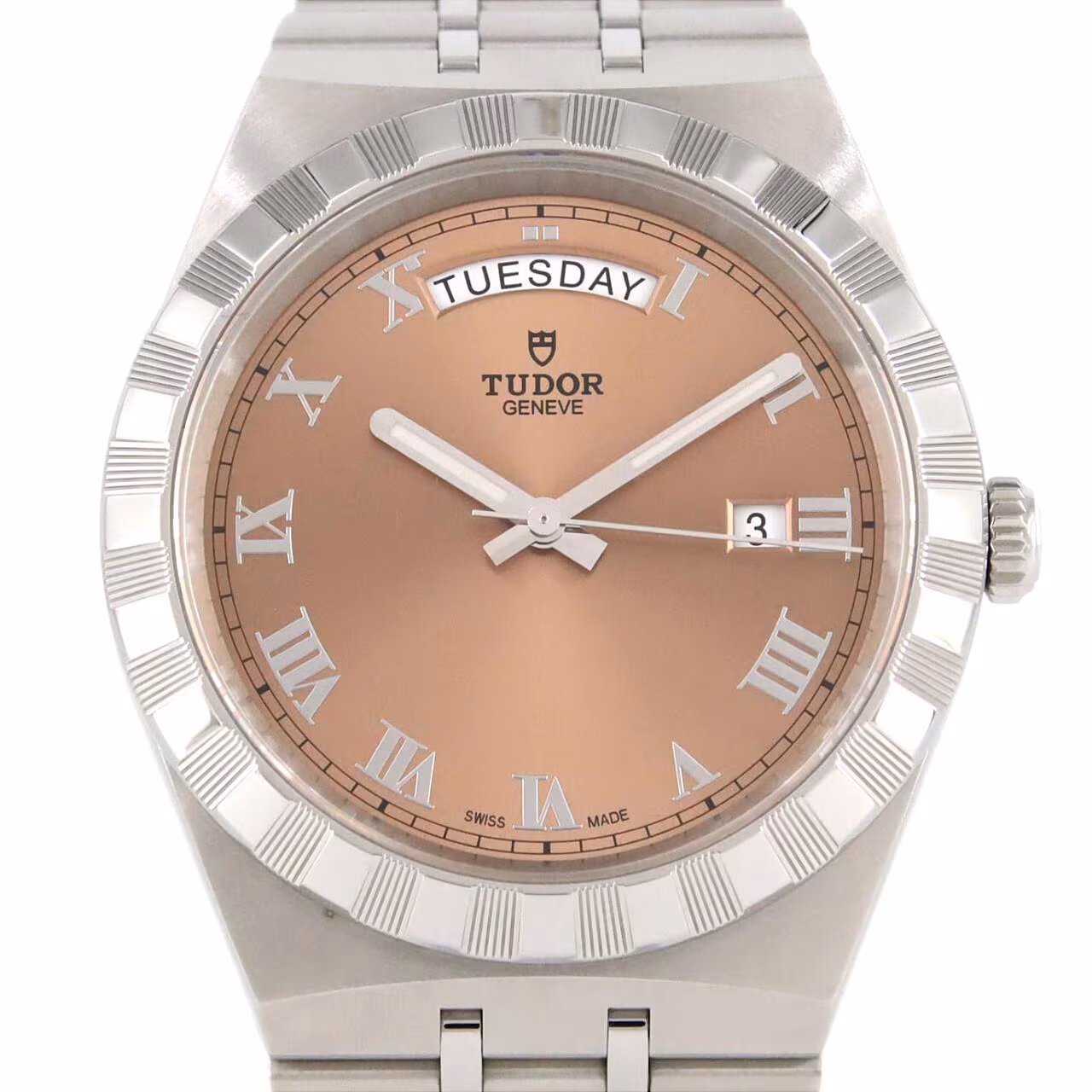 Product photograph of a steel bracelet watch with a fluted bezel.