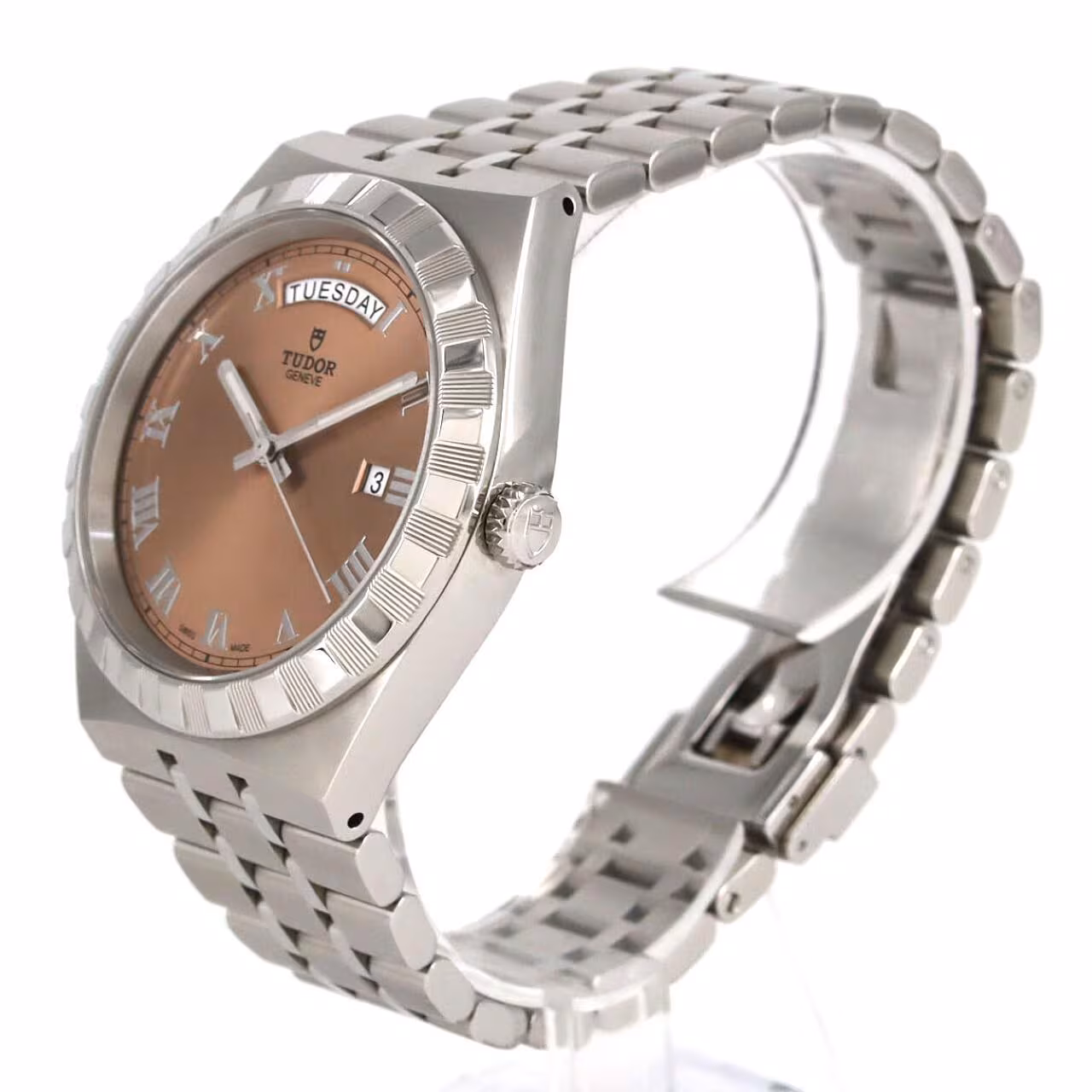 Product photograph of a steel bracelet watch with a fluted bezel.