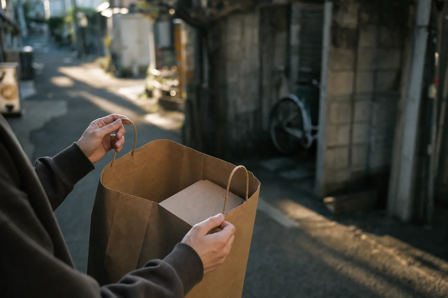 Hands holding an open kraft paper bag with an unbranded shoebox peeking out, on a narrow Harajuku side street